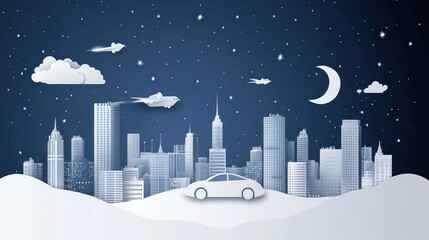 Poster - Paper city at night, moon, snow, car, planes.