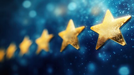 Poster - Golden stars lined up on blue background with bokeh effects.
