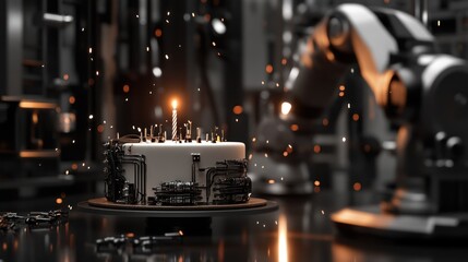 Aufkleber - Robotic arm presents cake with circuit decor.