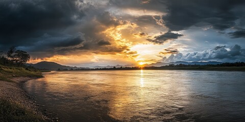 Wall Mural - dramatic silver sunset light casts a stunning glow in the evening sky during the rainy season, illum