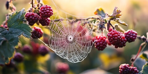 intricate spider s web delicately woven within a berry bush, showcasing the beauty and complexity of