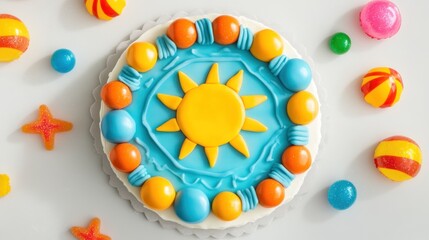 Poster - Cake with a yellow sun and blue frosting surrounded by candies.