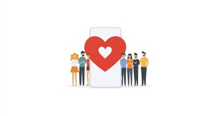 Poster - People grouped behind phone with a red heart.
