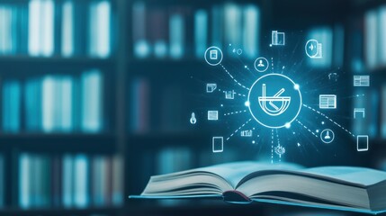 Poster - Open book with digital icons over library background.
