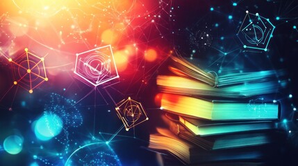Fototapete - Abstract technology icons above stack of books.