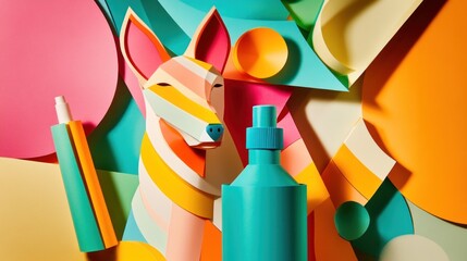 Fototapete - Colorful paper dog with bottles, shapes.