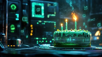 Fototapete - Birthday cake with candles on electronic circuit background.