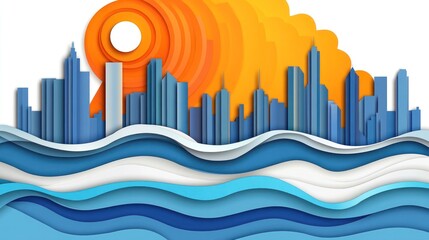 Poster - Stylized paper cutout city skyline with orange sun.