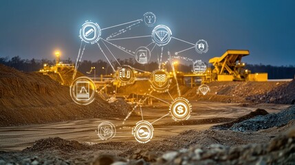 Fototapete - Mining facility and digital network concept overlay.