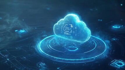 Fototapete - Glowing blue cloud icon on digital circuit board.