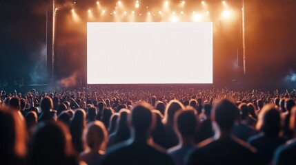Poster - Crowd facing stage with white screen at a concert venue.