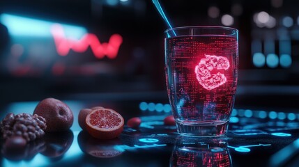 Poster - Bright red liquid being stirred in glass with fruit on table.