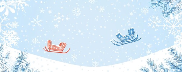 Aufkleber - Winter scene, two sleds flying in snow.