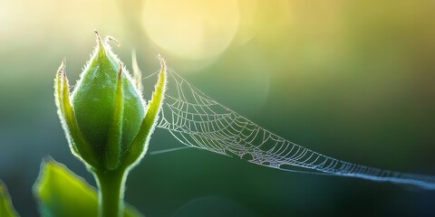 plant bud growing beautifully entwined with a delicate spider web, showcasing the intricate connecti