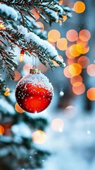 Wall Mural - red christmas ball hanging from snow covered branch