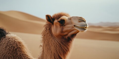 A detailed close up of a stunning camels head set against a desert background, showcasing the animals beauty in this arid environment.