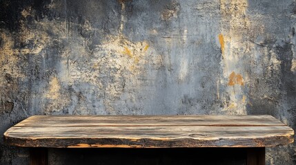 Wall Mural - A rustic wooden table against a textured, weathered wall backdrop.