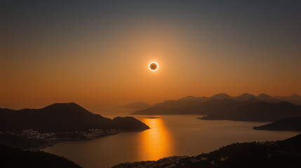 Wall Mural - stunning solar eclipse viewed over tranquil lake at dawn with mountains in the background