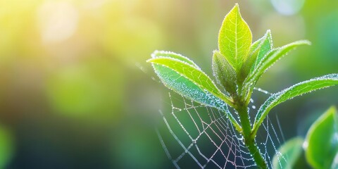 Plant bud growing beautifully entwined with a delicate spider web, showcasing the intricate connection between nature s growth and the artistry of a spider s web. Plant bud captures the essence of