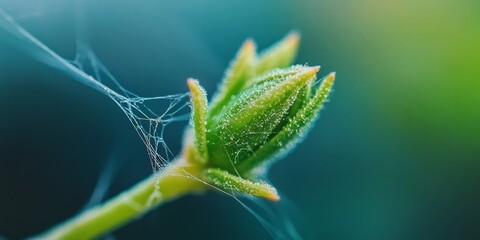 Plant bud growing beautifully entwined with a delicate spider web, showcasing the intricate connection between nature s growth and the artistry of a spider s web. Plant bud captures the essence of