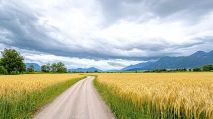 Canvas Print - Winding dirt road through golden wheat field under dramatic sky.