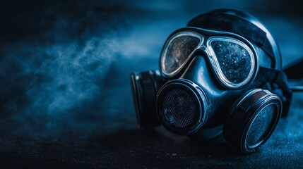Poster - High-quality respirator mask with dual filters in industrial setting captured close-up for safety awareness