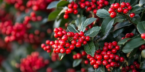 Vibrant red clusters of juicy pyracantha berries adorn the evergreen shrub during autumn, creating a stunning display of pyracantha coccinea that captivates the eye with its lush foliage.