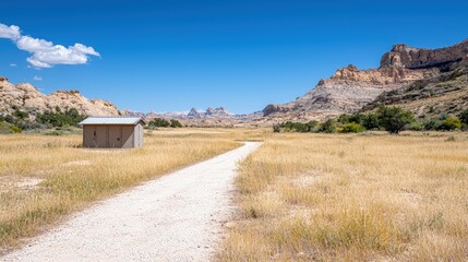 Canvas Print - Desert path leads to outhouse with mountains.