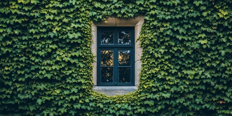 Ivy covered wall featuring a beautiful window showcases nature and architecture, with the window serving as a captivating focal point against the lush ivy backdrop.