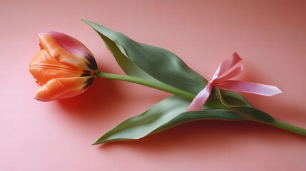 Wall Mural - A single tulip with a ribbon tied around its stem for Mother's Day on a pastel salmon background