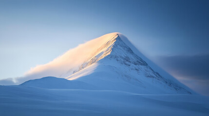 Wall Mural - snow-capped mountain peak glows in the sunlight with dramatic clouds surrounding the summit at dusk