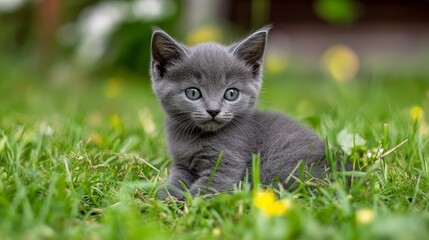 A gray kitten peacefully relaxes in the lush grass on a warm summer day, embodying the joy and tranquility that a gray kitten in nature can bring. Enjoy the serenity of a gray kitten outdoors.