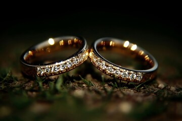 two shimmering gold wedding rings adorned with sparkling diamonds rest gently on a lush green carpet
