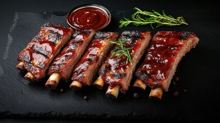 Wall Mural - Plate of Ribs with Ketchup and Rosemary