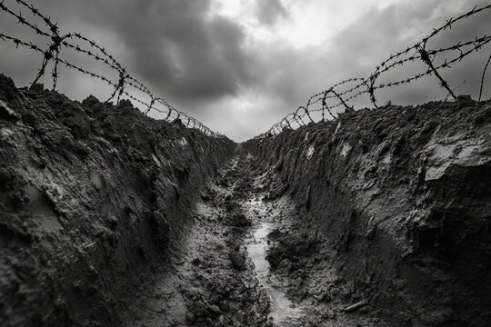 evocative black and white image of a muddy trench with barbed wire under a dark and cloudy sky, remi