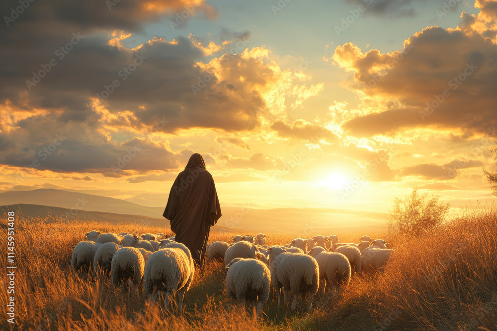 Jesus guiding his flock of sheep through a serene field at sunset in a ...