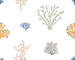 Fototapete - Seamless coral reef pattern. Marine design with sea branches, seaweeds. Endless repeating background, ocean print for wrapping paper, fabric, wallpaper. Repeatable texture. Flat vector illustration