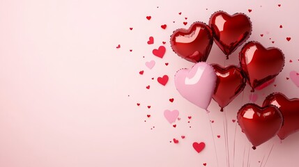 Fototapete - Colorful heart-shaped balloons in rich red and soft pink float against a light pink background, surrounded by scattered smaller hearts. Perfect for romantic celebrations or festive occasions.