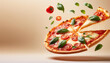 © theshooter - Una pizza margarita y sus ingredientes flotando en el aire aislada sobre fondo blanco