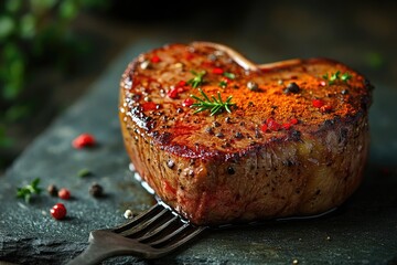 Poster - A heart-shaped steak served on a slate plate with a fork, perfect for romantic dinner or special occasion