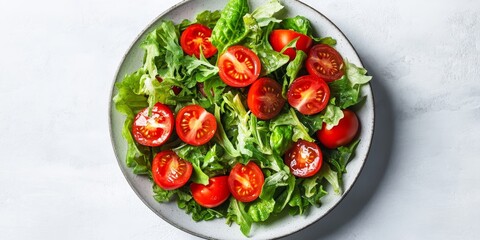 Poster - Fresh salad featuring vibrant tomatoes and crispy lettuce. This delightful salad highlights the freshness of tomatoes and lettuce, making it a perfect choice for healthy eating.