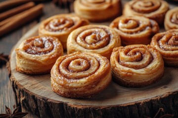 Canvas Print - Cinnamon Buns and Sticks on Wooden Plate