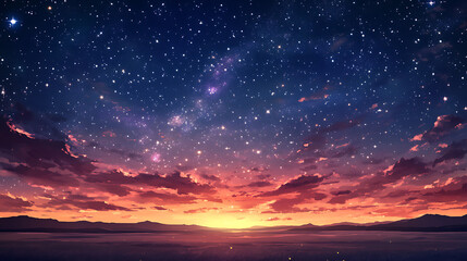 Wall Mural - celestial tapestry: a breathtaking panorama of a starlit sky above a sunset-kissed horizon, with clo