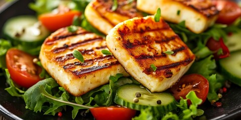 Poster - Grilled halloumi cheese arranged beautifully on a fresh vegetable salad, featuring vibrant tomato, crisp cucumber, and crunchy lettuce, creating a visually appealing dish with grilled halloumi cheese.