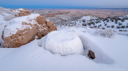 Sticker - Snow-covered rocks and a vast winter landscape.