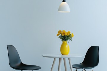 A simple interior setting with a table and two chairs, accompanied by a vase with yellow flowers