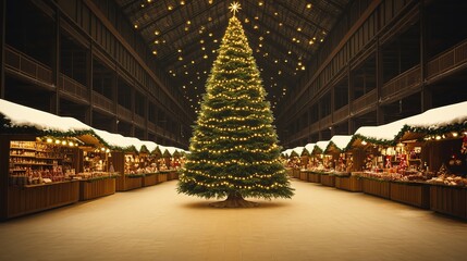 decorated christmas tree at center of festive market surrounded by snow-covered stalls selling handcrafted gifts illuminated