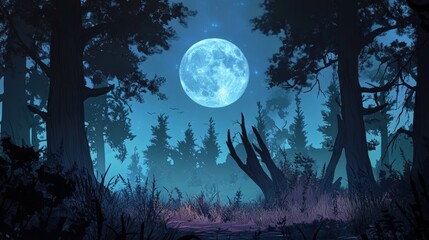 Wall Mural - full moon framed by the silhouettes of tall, ancient trees in a dense forest, creating an atmosphere