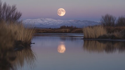 Wall Mural - full moon reflected in a quiet river, framed by tall grasses and the faint outline of distant mounta