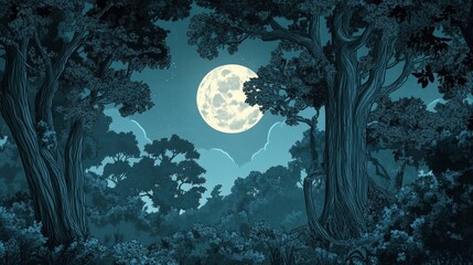 Wall Mural - full moon framed by the silhouettes of tall, ancient trees in a dense forest, creating an atmosphere